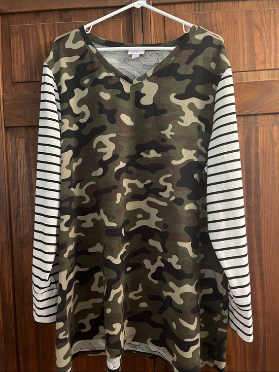 LuLaRoe Tops - LuLaRoe Camouflage Tunic with Black-and-White Striped Sleeves